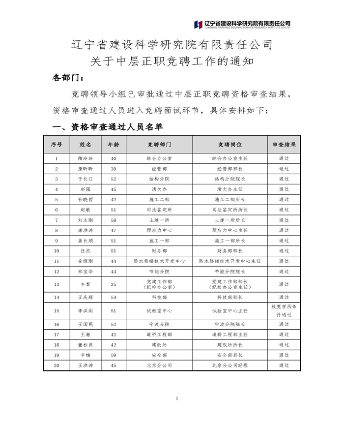 辽宁省建设科学研究院有限责任公司 关于中层正职竞聘工作的通知(图1)